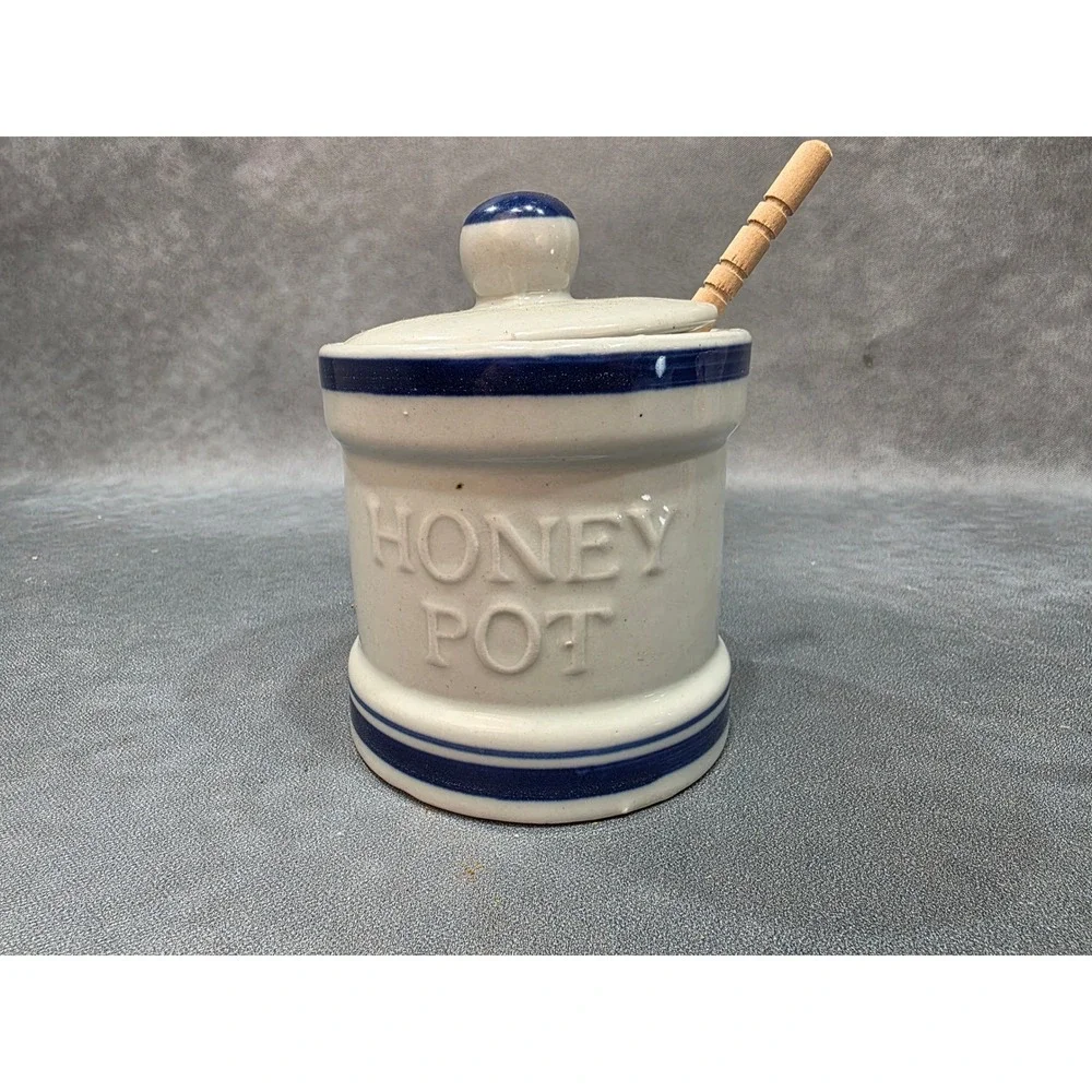 Vintage Stoneware Honey Pot with Lid and Wooden Dipper Blue Cream Ceramic Jar
